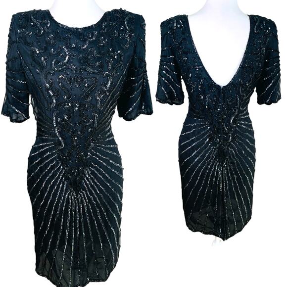 Vintage Size 8 Silk Sequin Beaded Low Back Mini Dress in Black Cocktail Holiday - Picture 1 of 13
